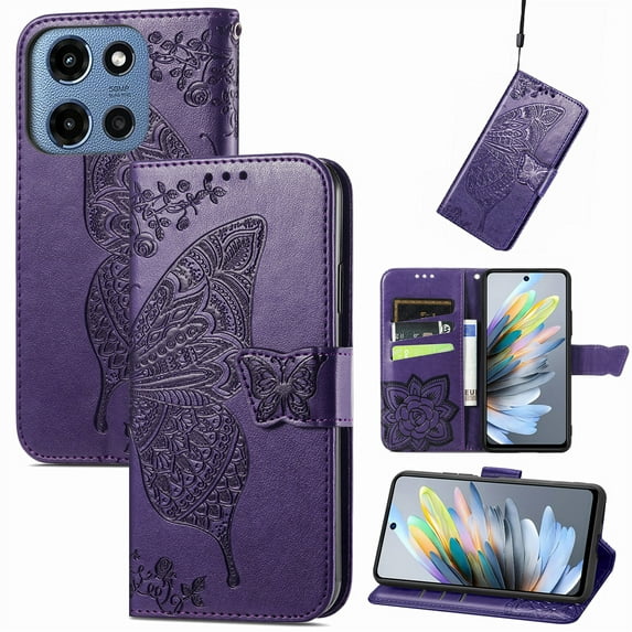 Feishell Wallet Case for Moto G 5G(2025) with Hand Strap,Butterfly & Flower Embossed PU Leather TPU Inner Shell Magnetic Flip Stand Card Slots Shockproof Protective Phone Cover,Purple