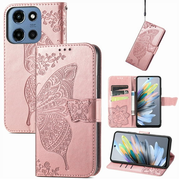 Feishell Wallet Case for Moto G Power (2025) with Hand Strap,Butterfly & Flower Embossed PU Leather TPU Inner Shell Magnetic Flip Stand Card Slots Shockproof Protective Phone Cover,Rosegold