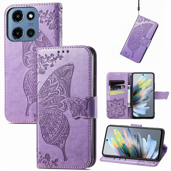 Feishell Wallet Case for Moto G Power (2025) with Hand Strap,Butterfly & Flower Embossed PU Leather TPU Inner Shell Magnetic Flip Stand Card Slots Shockproof Protective Phone Cover,Lightpurple