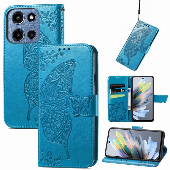 Feishell Wallet Case for Moto G Power (2025) with Hand Strap,Butterfly & Flower Embossed PU Leather TPU Inner Shell Magnetic Flip Stand Card Slots Shockproof Protective Phone Cover,Blue