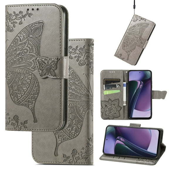 Feishell Wallet Case for Motorola Edge (2025) with Hand Strap,Butterfly & Flower Embossed PU Leather TPU Inner Shell Magnetic Flip Stand Card Slots Shockproof Protective Phone Cover,Gray