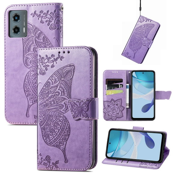 Feishell Wallet Case for Motorola Moto G (2023),Butterfly & Flower Embossed PU Leather TPU Inner Shell Magnetic Flip Stand Card Slots Shockproof Protective Phone Cover,Lightpurple
