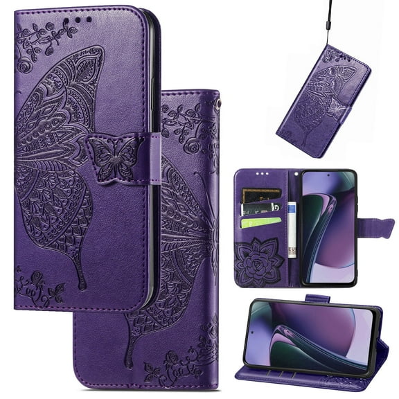 Feishell Wallet Case for Motorola Moto G 5G (2024),Butterfly & Flower Embossed PU Leather TPU Inner Shell Magnetic Flip Stand Card Slots Shockproof Protective Phone Cover,Purple