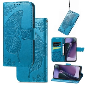Feishell Wallet Case for Motorola Moto G Play 4G 2024,Butterfly & Flower Embossed PU Leather TPU Inner Shell Magnetic Flip Stand Card Slots Shockproof Protective Phone Cover,Blue