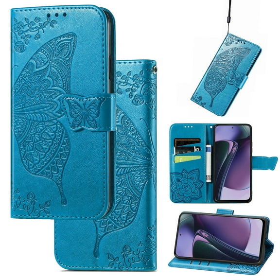Feishell Wallet Case for Motorola Moto G Play 4G 2024,Butterfly & Flower Embossed PU Leather TPU Inner Shell Magnetic Flip Stand Card Slots Shockproof Protective Phone Cover,Blue