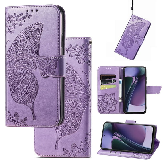 Feishell Wallet Case for Motorola Moto G Stylus 4G (2021),Butterfly & Flower Embossed PU Leather TPU Inner Shell Magnetic Flip Stand Card Slots Shockproof Protective Phone Cover,Lightpurple
