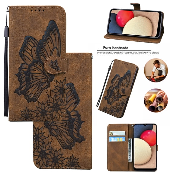 Feishell Wallet Case For Samsung A51 4G, Magnetic Folio Card Slots Holder Kickstand Premium PU Leather Butterfly Patterned Embossed with Wrist Strap Cover For Samsung Galaxy A51 4G, Brown