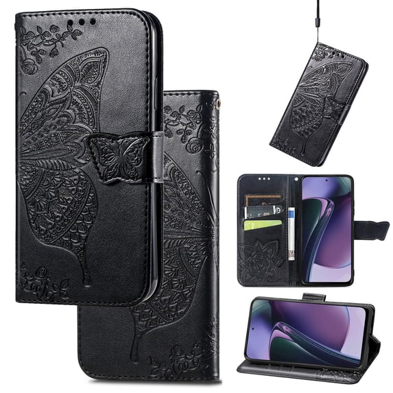 Feishell Wallet Case for Samsung Galaxy A04E,Butterfly & Flower Embossed PU Leather TPU Inner Shell Magnetic Flip Stand Card Slots Shockproof Protective Phone Cover,Black