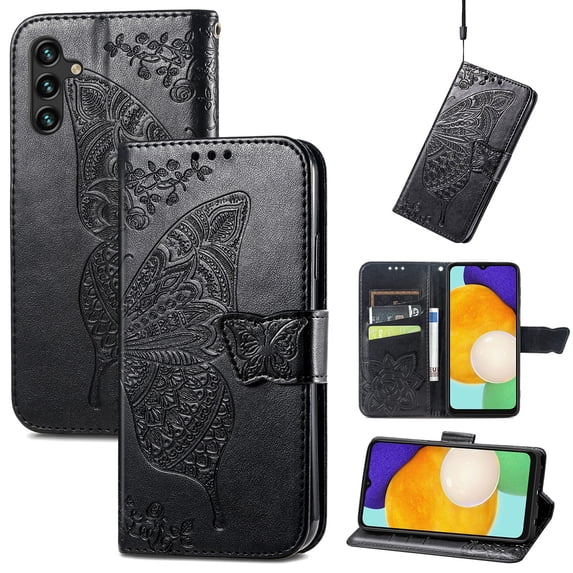 Feishell Wallet Case for Samsung Galaxy A13 5G 6.5 inch,Butterfly & Flower Embossed PU Leather TPU Inner Shell Magnetic Flip Stand Card Slots Shockproof Protective Phone Cover ,Black