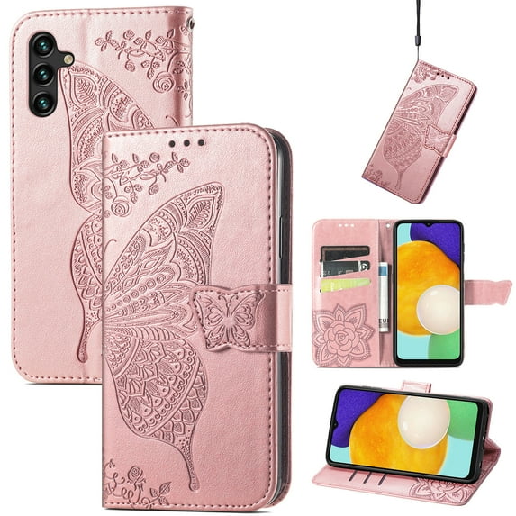 Feishell Wallet Case for Samsung Galaxy A13 5G 6.5 inch,Butterfly & Flower Embossed PU Leather TPU Inner Shell Magnetic Flip Stand Card Slots Shockproof Protective Phone Cover ,Rosegold