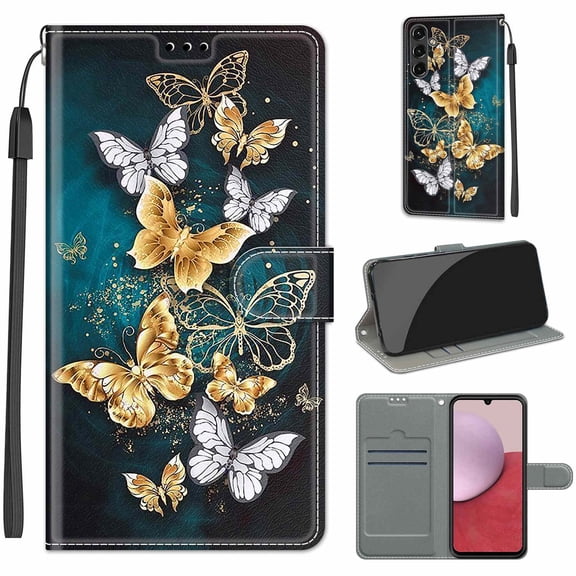 Feishell Wallet Case for Samsung Galaxy A14 5G 6.6 inch,Shockproof Stylish Pattern PU Leather Magnetic Clasp Folio Flip Holder Card Slots Slim Phone Cover with Wrist Strap,Gold&Silver Butterfly