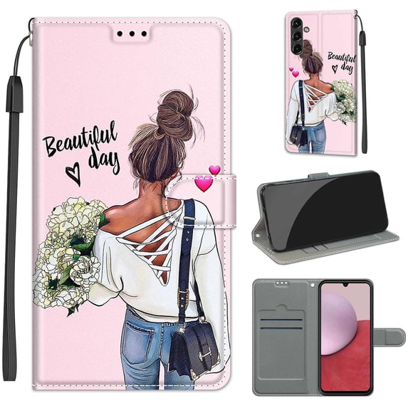 Feishell Wallet Case for Samsung Galaxy A14 5G 6.6 inch,Shockproof Stylish Pattern PU Leather Magnetic Clasp Folio Flip Holder Card Slots Slim Phone Cover with Wrist Strap,Girl