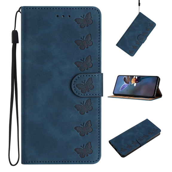 Feishell Wallet Case for Samsung Galaxy A14 5G, 7 Butterflies PU Leather Strap Flip Cover with Card Slots Holder Kickstand Magnetic Clasp, TPU Shockproof Non-Slip Case for Samsung A14 5G, Blue