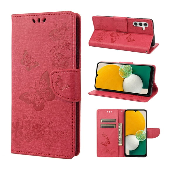 Feishell Wallet Case for Samsung Galaxy A14 5G,Retro PU Leather Butterfly Embossed Pattern Full Protection Anti-Scratch Magnetic Clasp Flip Holder Card Slots & Cash Pocket Phone Cover,Rose