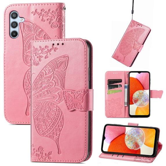 Feishell Wallet Case for Samsung Galaxy A15,Butterfly & Flower Embossed PU Leather TPU Inner Shell Magnetic Flip Stand Card Slots Shockproof Protective Phone Cover,Pink