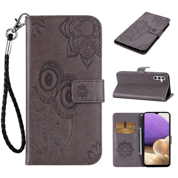 Feishell Wallet Case for Samsung Galaxy A15,Owl Embossed Pattern Premium PU Leather with Card Holder Magnetic Clasp Flip Holder Phone Case Cover for Samsung Galaxy A15,Gray