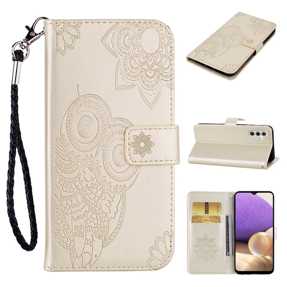 Feishell Wallet Case for Samsung Galaxy A15,Owl Embossed Pattern Premium PU Leather with Card Holder Magnetic Clasp Flip Holder Phone Case Cover for Samsung Galaxy A15,Gold