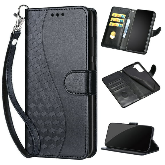 Feishell Wallet Case for Samsung Galaxy A24 4G, Premium Embossed PU Leather Flip Cover with Card Holder Kickstand Wrist Strap, Full Body Shockproof Phone Protection Case for Galaxy A24 4G, S2black