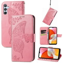 Feishell Wallet Case for Samsung Galaxy A25 5G,Butterfly & Flower Embossed PU Leather TPU Inner Shell Magnetic Flip Stand Card Slots Shockproof Protective Phone Cover,Pink