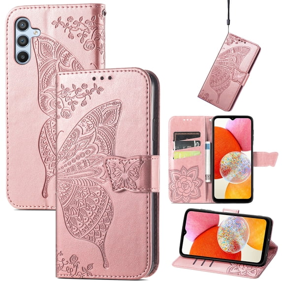 Feishell Wallet Case for Samsung Galaxy A26 5G,Butterfly & Flower Embossed PU Leather TPU Inner Shell Magnetic Flip Stand Card Slots Shockproof Protective Phone Cover,Rosegold