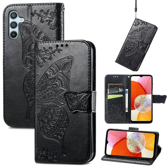 Feishell Wallet Case for Samsung Galaxy A26 5G,Butterfly & Flower Embossed PU Leather TPU Inner Shell Magnetic Flip Stand Card Slots Shockproof Protective Phone Cover,Black
