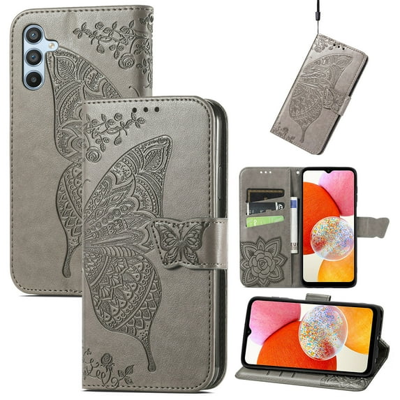 Feishell Wallet Case for Samsung Galaxy A36 5G,Butterfly & Flower Embossed PU Leather TPU Inner Shell Magnetic Flip Stand Card Slots Shockproof Protective Phone Cover,Gray