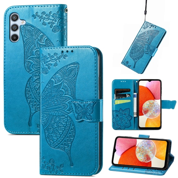 Feishell Wallet Case for Samsung Galaxy A36 5G,Butterfly & Flower Embossed PU Leather TPU Inner Shell Magnetic Flip Stand Card Slots Shockproof Protective Phone Cover,Blue