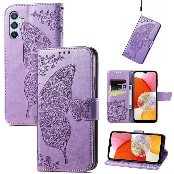 Feishell Wallet Case for Samsung Galaxy A54 5G 6.4 inch,Butterfly & Flower Embossed PU Leather TPU Inner Shell Magnetic Flip Stand Card Slots Shockproof Protective Phone Cover,Lightpurple