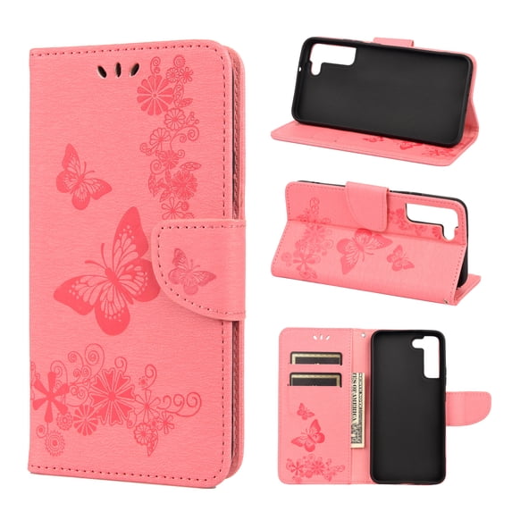 Feishell Wallet Case for Samsung Galaxy S22 5G,Retro PU Leather Butterfly Embossed Pattern Full Protection Anti-Scratch Magnetic Clasp Flip Holder Card Slots & Cash Pocket Phone Cover,Pink