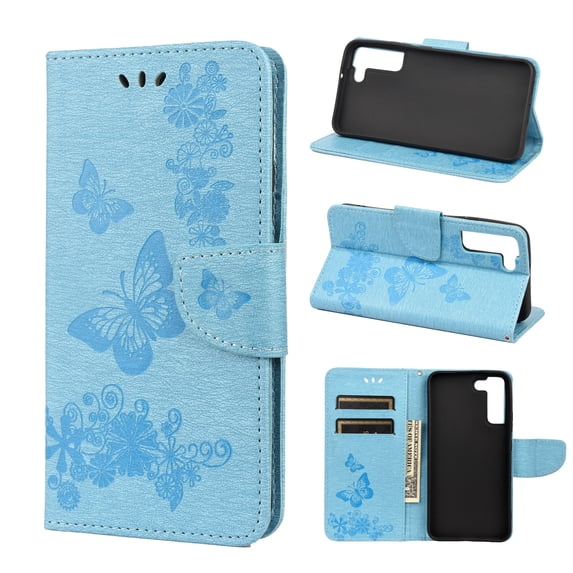Feishell Wallet Case for Samsung Galaxy S22+ 5G,Retro PU Leather Butterfly Embossed Pattern Full Protection Anti-Scratch Magnetic Clasp Flip Holder Card Slots & Cash Pocket Phone Cover,Blue