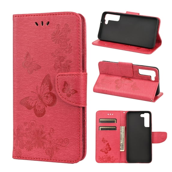 Feishell Wallet Case for Samsung Galaxy S22+ 5G,Retro PU Leather Butterfly Embossed Pattern Full Protection Anti-Scratch Magnetic Clasp Flip Holder Card Slots & Cash Pocket Phone Cover,Rose