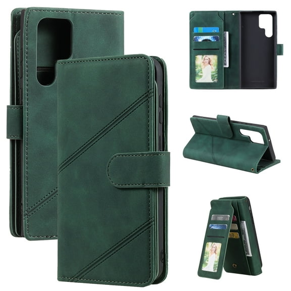 Feishell Wallet Case for Samsung Galaxy S22 Ultra 5G 6.8 inch,Premium PU Leather Full Protection Cover with 9 Card Slots & Wrist Strap,Shockproof Magnetic Clasp Folio Flip Kickstand Phone Cover,Green
