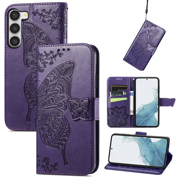 Feishell Wallet Case for Samsung Galaxy S23 6.1 inch,Butterfly & Flower Embossed PU Leather TPU Inner Shell Magnetic Flip Stand Card Slots Shockproof Protective Phone Cover,Purple