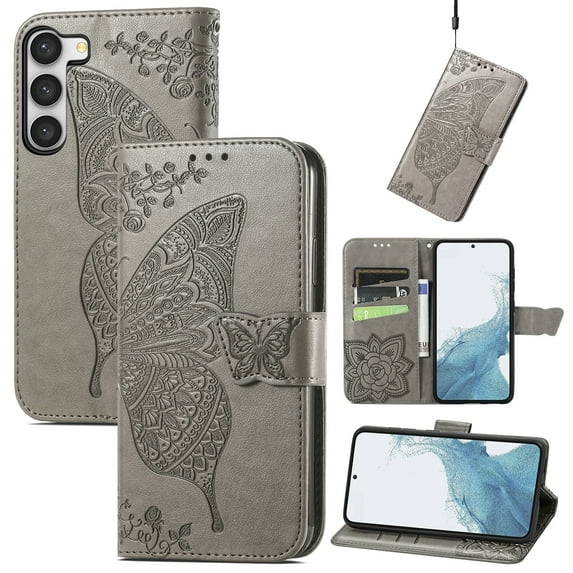 Feishell Wallet Case for Samsung Galaxy S23 6.1 inch,Butterfly & Flower Embossed PU Leather TPU Inner Shell Magnetic Flip Stand Card Slots Shockproof Protective Phone Cover,Gray