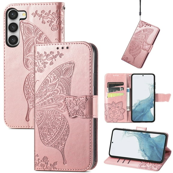 Feishell Wallet Case for Samsung Galaxy S23 6.1 inch,Butterfly & Flower Embossed PU Leather TPU Inner Shell Magnetic Flip Stand Card Slots Shockproof Protective Phone Cover,Rosegold