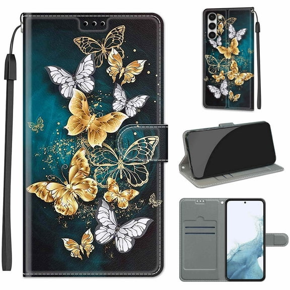 Feishell Wallet Case for Samsung Galaxy S23 6.1 inch,Shockproof Stylish Pattern PU Leather Magnetic Clasp Folio Flip Holder Card Slots Slim Phone Cover with Wrist Strap,Gold&Silver Butterfly