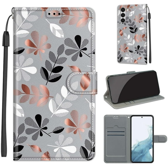 Feishell Wallet Case for Samsung Galaxy S23 6.1 inch,Shockproof Stylish Pattern PU Leather Magnetic Clasp Folio Flip Holder Card Slots Slim Phone Cover with Wrist Strap,Leaf