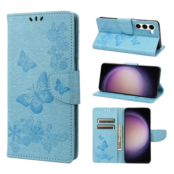 Feishell Wallet Case for Samsung Galaxy S23 Plus,Retro PU Leather Butterfly Embossed Pattern Full Protection Anti-Scratch Magnetic Clasp Flip Holder Card Slots & Cash Pocket Phone Cover,Blue