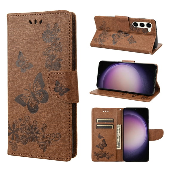 Feishell Wallet Case for Samsung Galaxy S23 Plus,Retro PU Leather Butterfly Embossed Pattern Full Protection Anti-Scratch Magnetic Clasp Flip Holder Card Slots & Cash Pocket Phone Cover,Brown