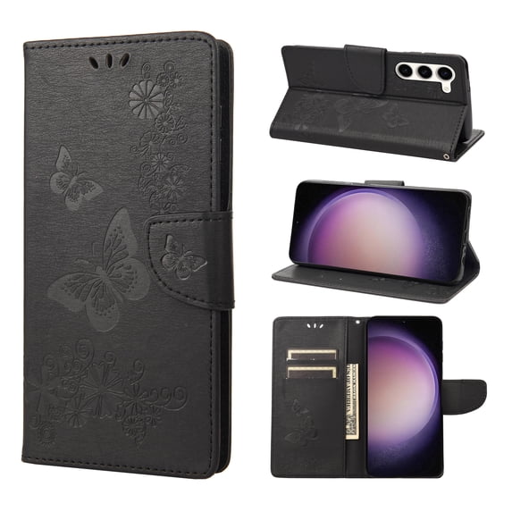 Feishell Wallet Case for Samsung Galaxy S23 Plus,Retro PU Leather Butterfly Embossed Pattern Full Protection Anti-Scratch Magnetic Clasp Flip Holder Card Slots & Cash Pocket Phone Cover,Black