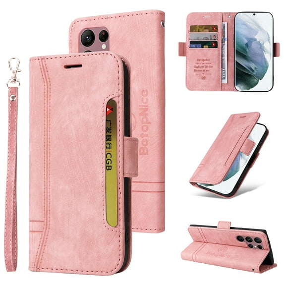 Feishell Wallet Case for Samsung Galaxy S23 Ultra 5G,Magnetic Protect PU Leather Flip Case Card Holders RFID Blocking Kickstand Protection with Strap Case for Samsung Galaxy S23 Ultra, Pink