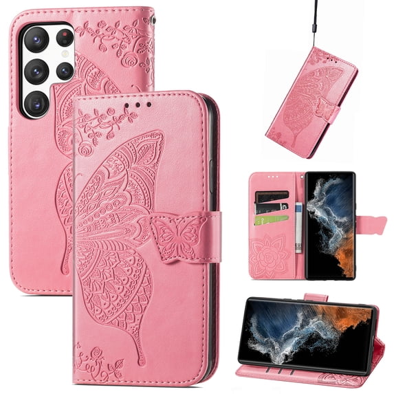 Feishell Wallet Case for Samsung Galaxy S23 Ultra 6.8 inch,Butterfly & Flower Embossed PU Leather TPU Inner Shell Magnetic Flip Stand Card Slots Shockproof Protective Phone Cover,Pink