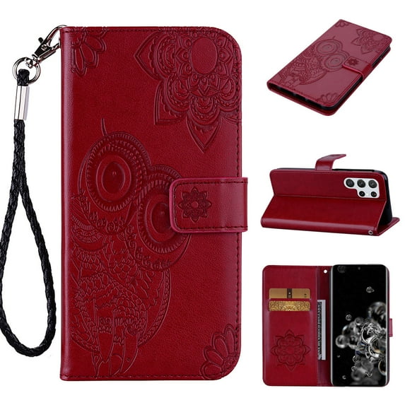 Feishell Wallet Case for Samsung Galaxy S23 Ultra (6.8 inch),Owl Embossed Pattern Premium PU Leather with Card Holder Magnetic Clasp Flip Holder Phone Case Cover,Winered