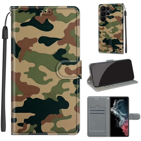 Feishell Wallet Case for Samsung Galaxy S23 Ultra 6.8 inch,Shockproof Stylish Pattern PU Leather Magnetic Clasp Folio Flip Holder Card Slots Slim Phone Cover with Wrist Strap,Camouflage