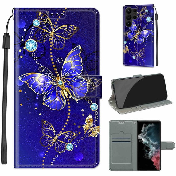 Feishell Wallet Case for Samsung Galaxy S23 Ultra 6.8 inch,Shockproof Stylish Pattern PU Leather Magnetic Clasp Folio Flip Holder Card Slots Slim Phone Cover with Wrist Strap,Blue&Gold Butterfly