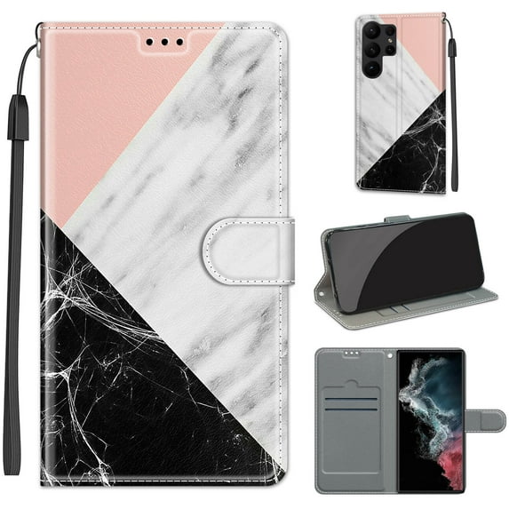 Feishell Wallet Case for Samsung Galaxy S23 Ultra 6.8 inch,Shockproof Stylish Pattern PU Leather Magnetic Clasp Folio Flip Holder Card Slots Slim Phone Cover with Wrist Strap,Pink White Black Marble