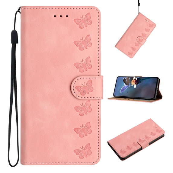 Feishell Wallet Case for Samsung Galaxy S23 Ultra, 7 Butterflies PU Leather Strap Flip Cover with Card Slots Holder Kickstand Magnetic Clasp, TPU Shockproof Non-Slip Case for Samsung S23 Ultra, Pink