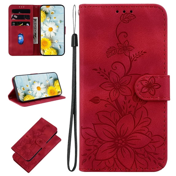Feishell Wallet Case for Samsung Galaxy S23 Ultra with Card Holder / Stand / Wrist Strap, Lily Flower Pattern PU Leather Flip Case for Women Girls, Magnetic Clasp Shockproof Protection Cover, Red