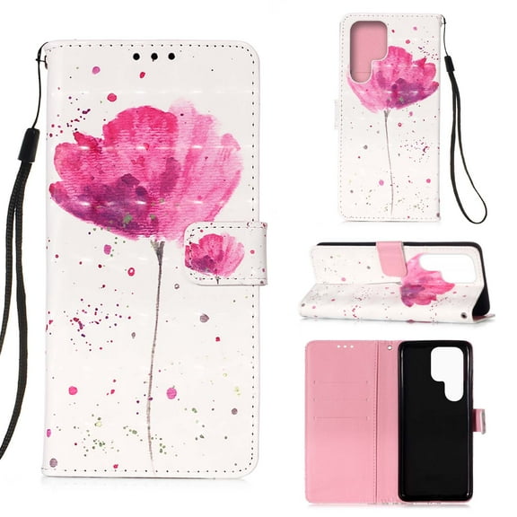 Feishell Wallet Case for Samsung Galaxy S23 Ultra,Shockproof Colorful Painted Pattern PU Leather Magnetic Clasp Flip Kickstand ID Credit Card Slots Slim Fit Phone Case Cover,Pink Flower