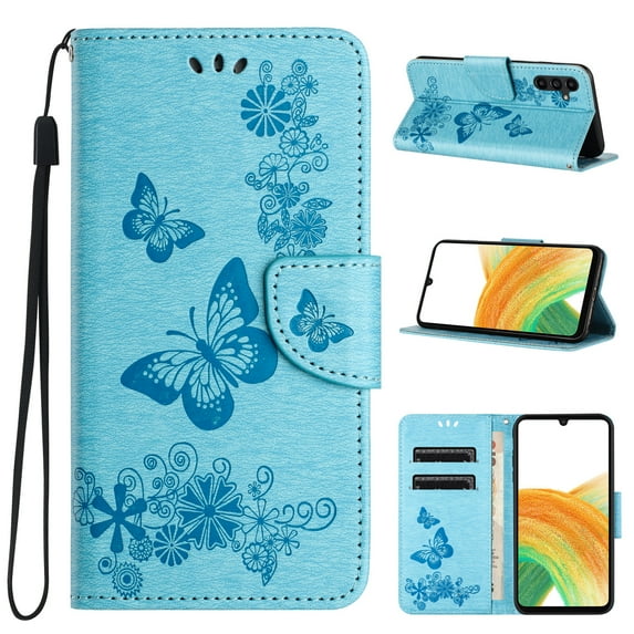 Feishell Wallet Case for Samsung Galaxy S24 Plus,Retro PU Leather Butterfly Embossed Pattern Full Protection Anti-Scratch Magnetic Clasp Flip Holder Card Slots & Cash Pocket Phone Cover,Blue